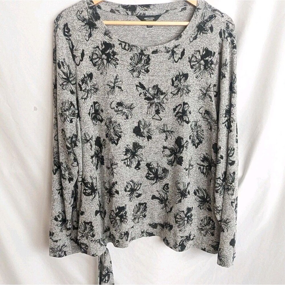 Simply Vera Wang Womens plus XXL Gray  & Black  sweater Floral Print & Side Tie